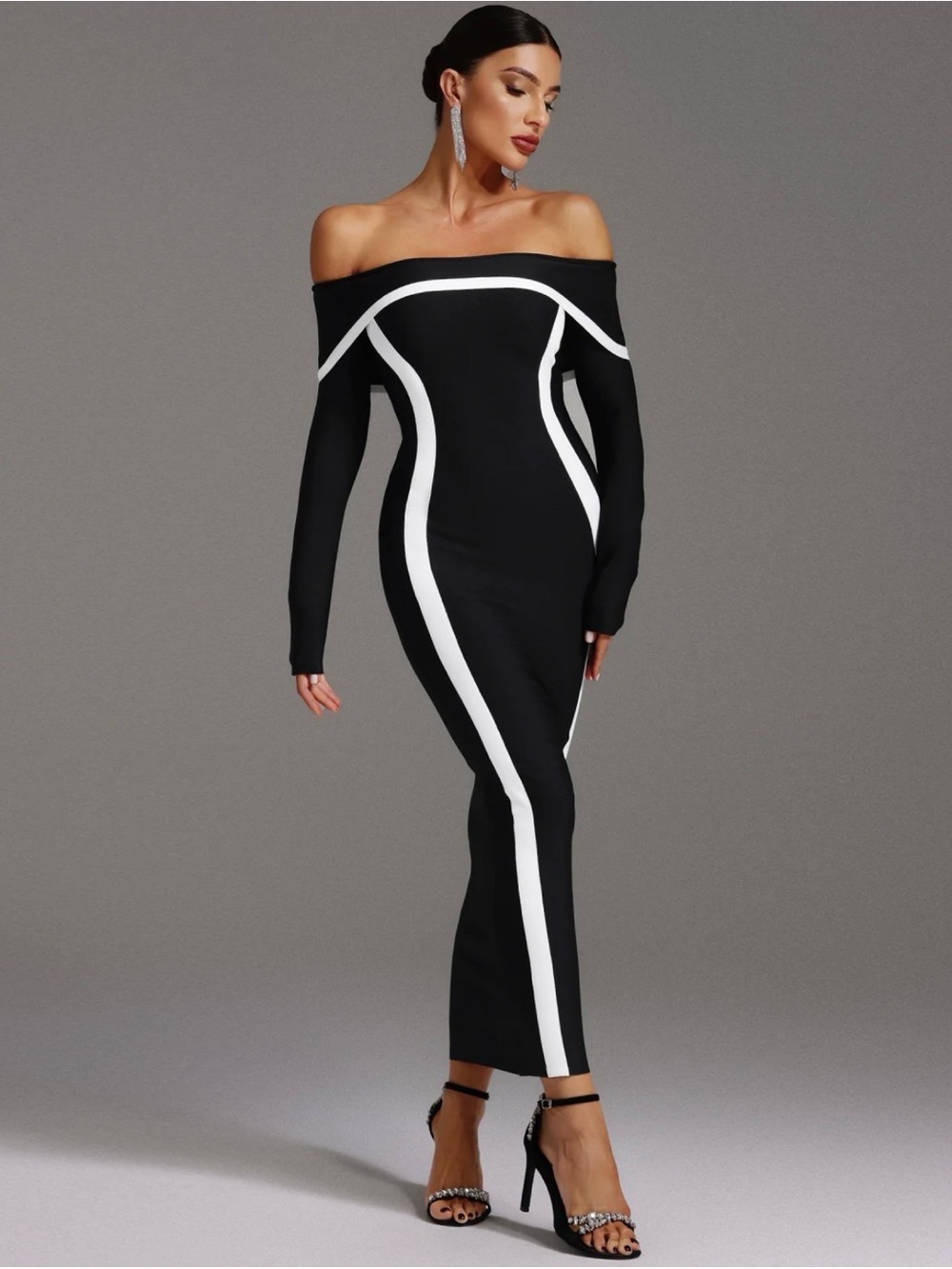 dylan Off-Shoulder Black Dress with White Contour Stripes
